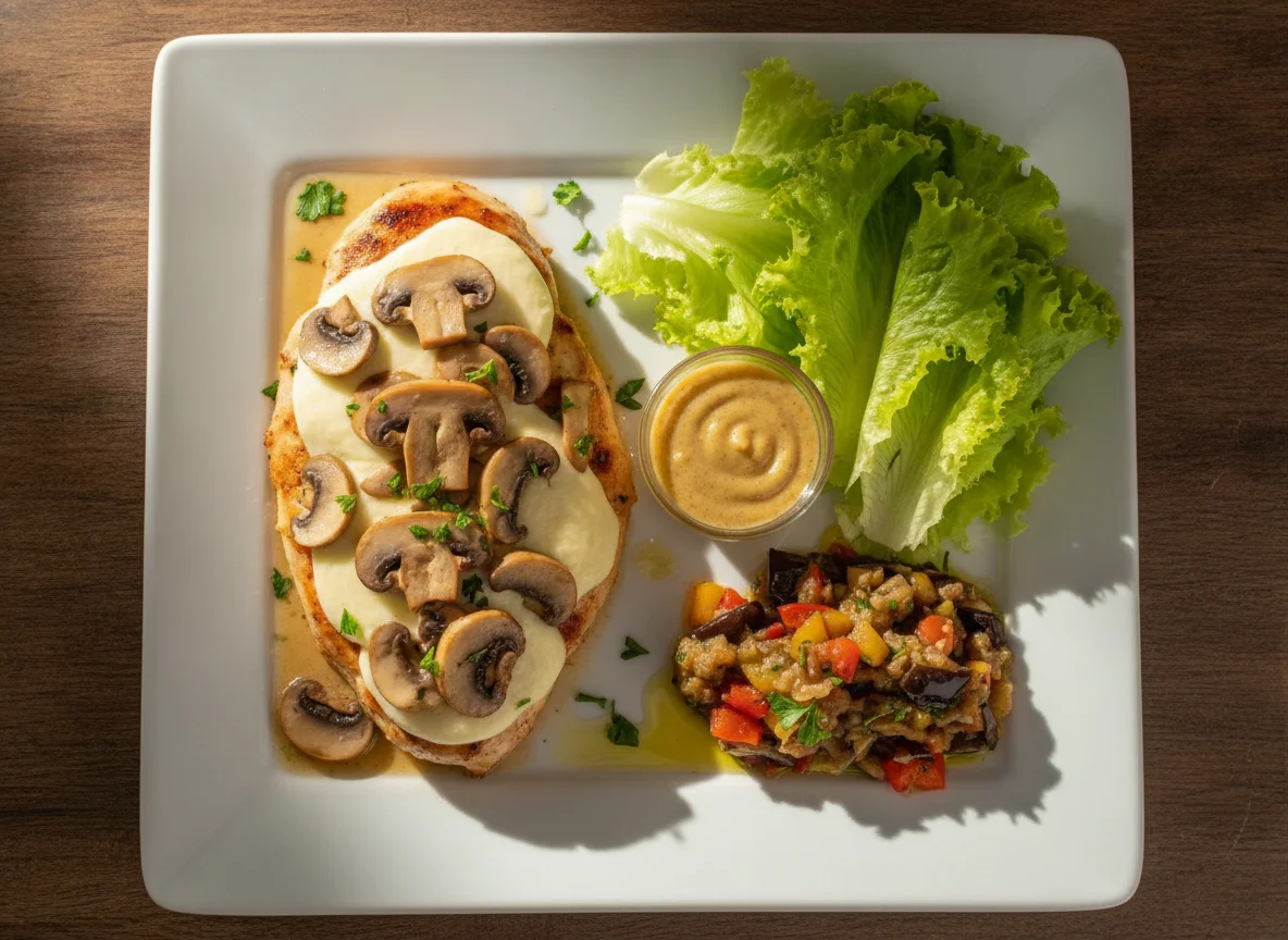 Frango com queijo e cogumelos, salada de alface e antepasto de berinjela photo