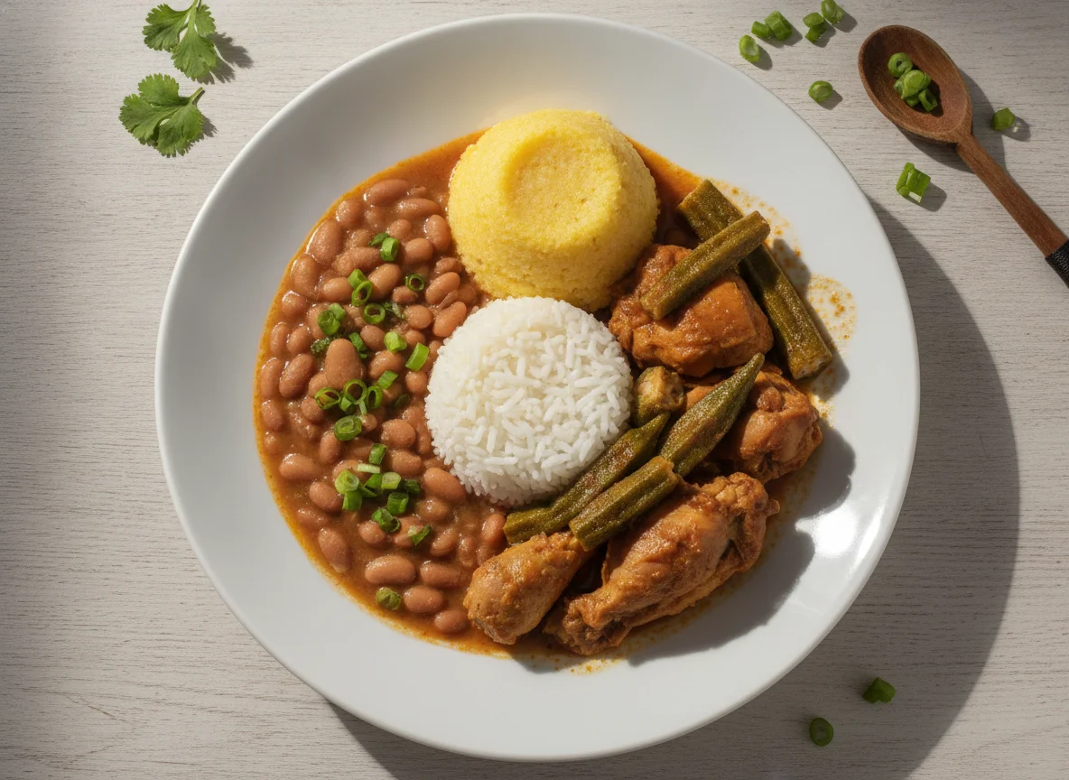 Frango com Quiabo, Angu, Arroz e Feijão photo