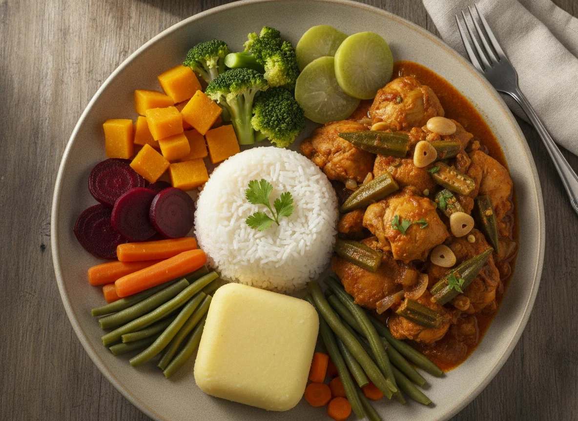 Frango com quiabo, arroz e legumes variados photo