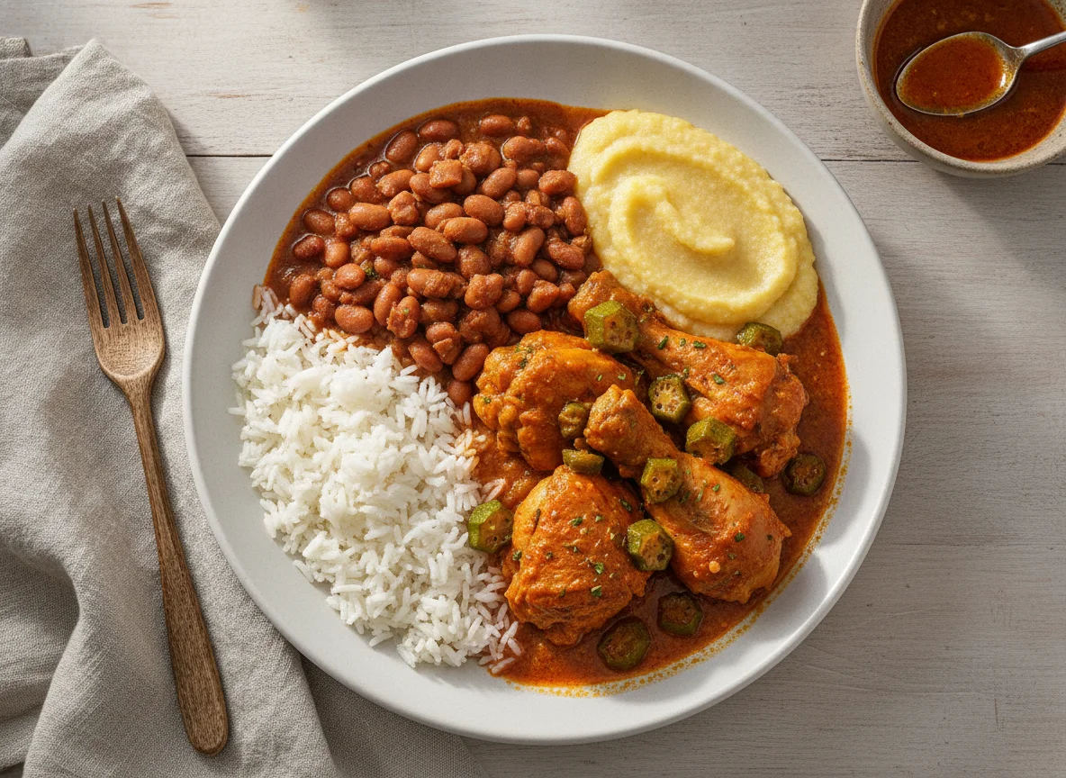 Frango com Quiabo, Arroz, Feijão e Angu photo