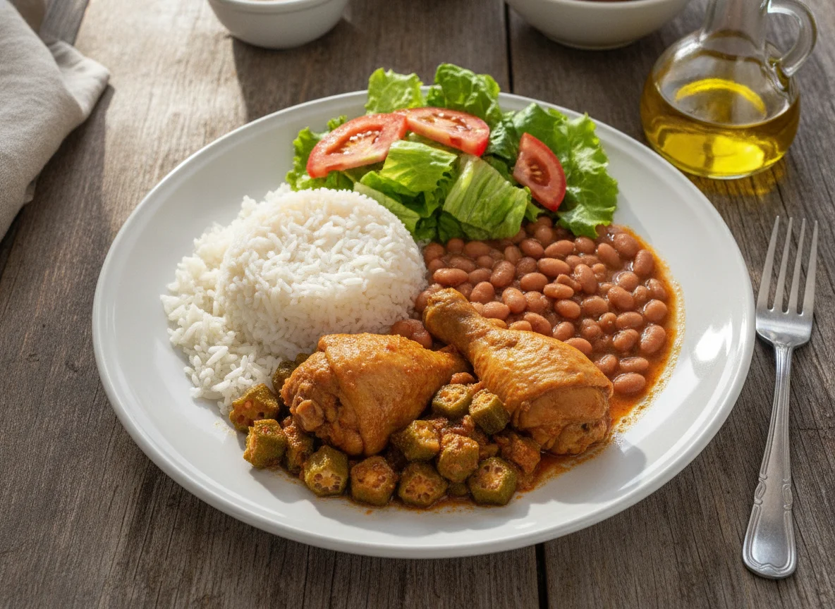Frango com quiabo, arroz, feijão e salada photo