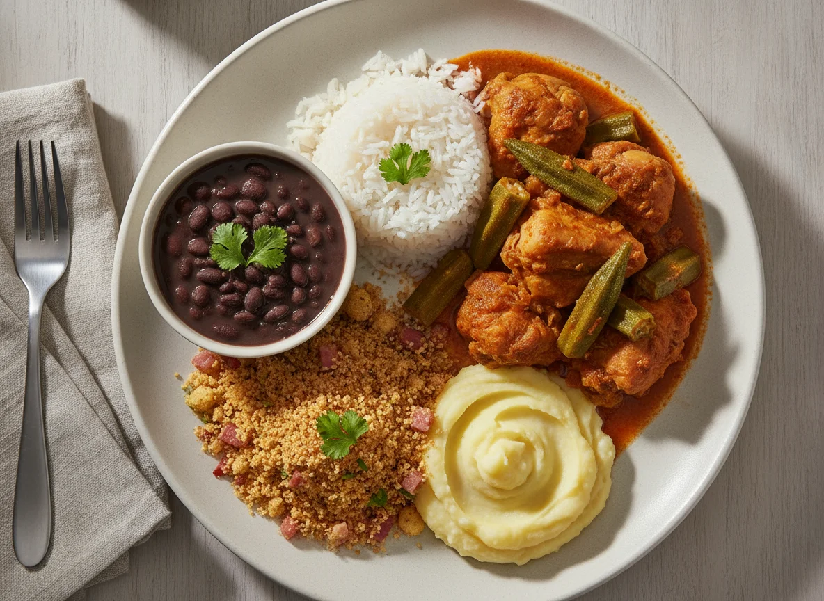 Frango com quiabo, arroz, feijão preto, farofa e purê de batata photo