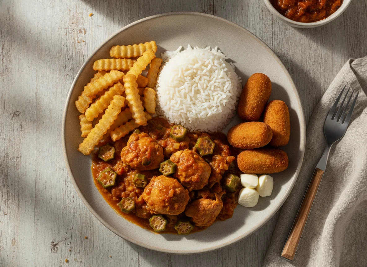 Frango com Quiabo, Arroz, Mandioca Frita e Croquete photo