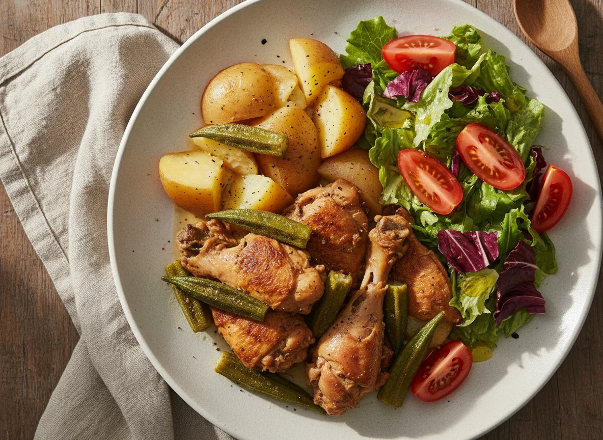 Frango com quiabo, batatas e salada photo