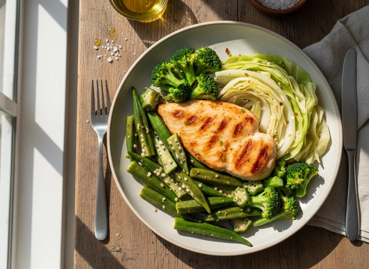 Frango com quiabo, brócolis e repolho photo