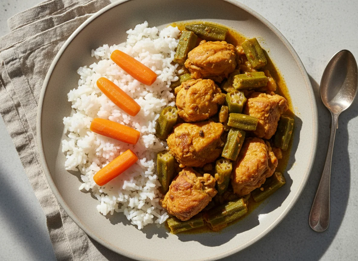 Frango com quiabo e arroz photo
