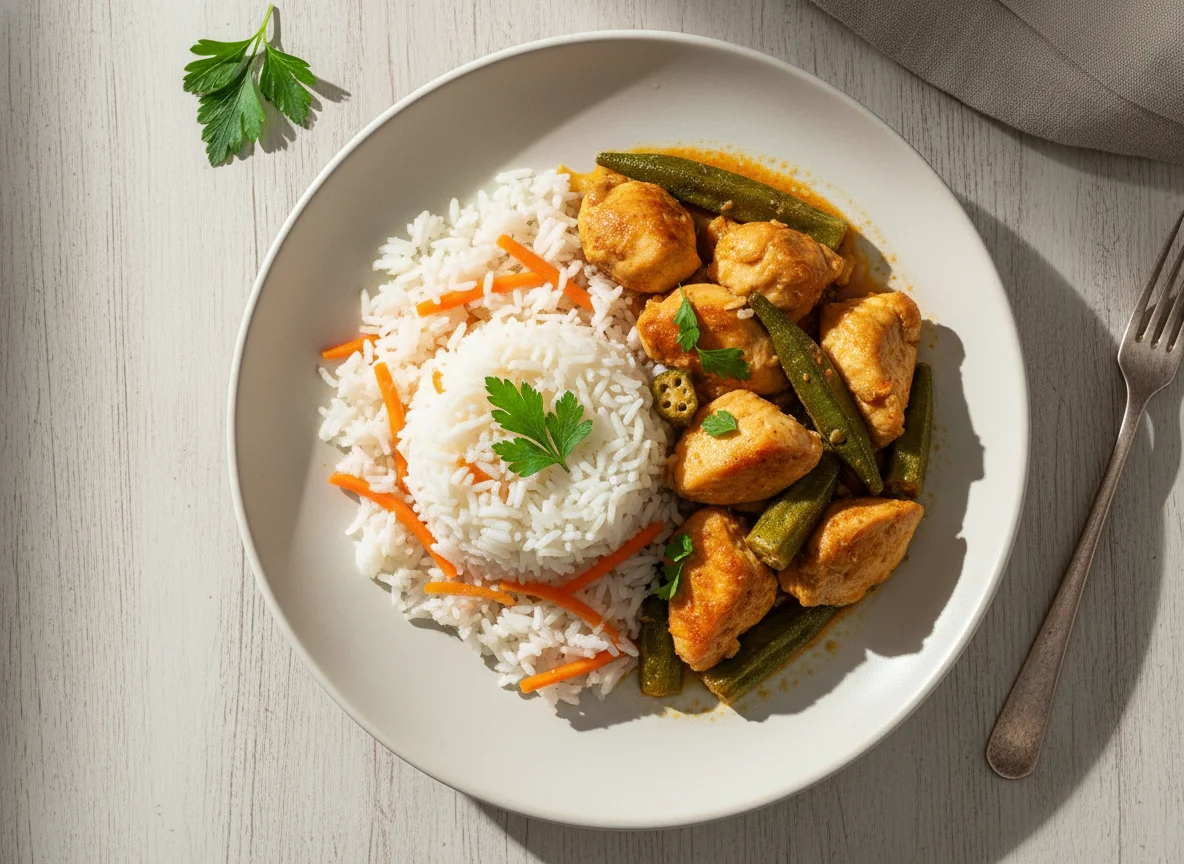 Frango com quiabo e arroz com cenoura photo