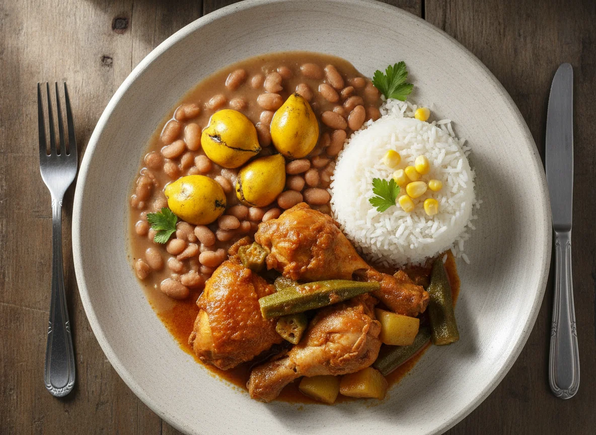 Frango com quiabo, milho, arroz, feijão e pequi photo