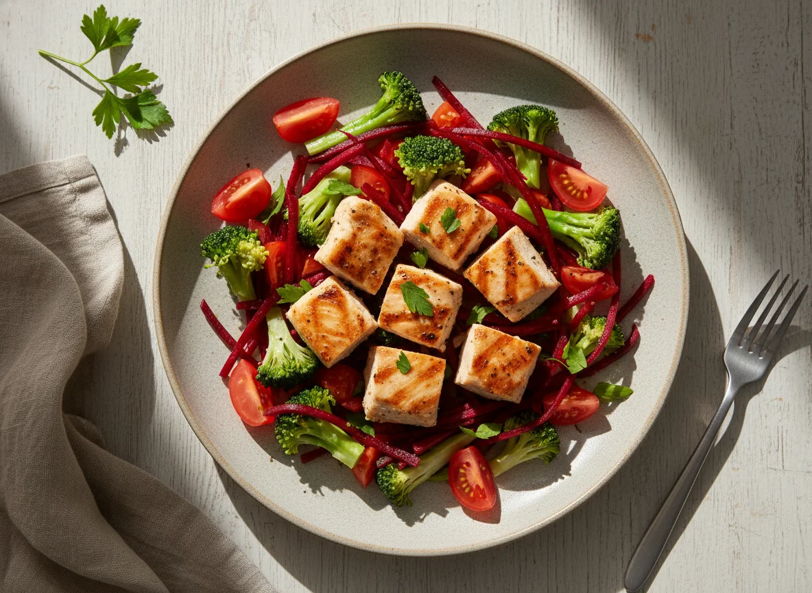 Frango com Salada de Beterraba, Brócolis e Tomate photo