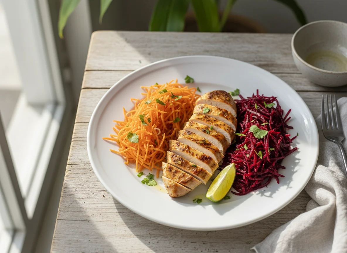 Frango com salada de cenoura e beterraba photo