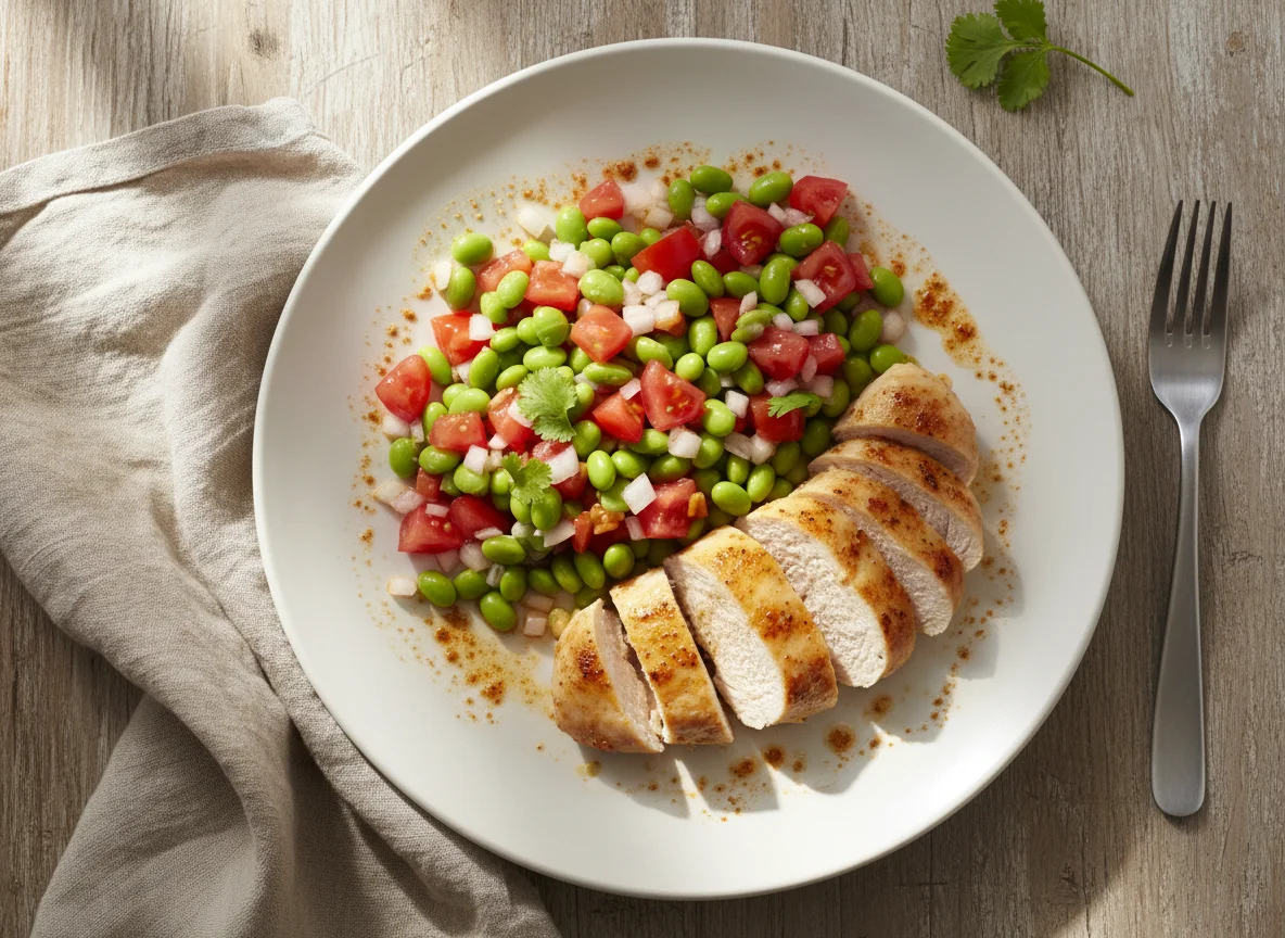 Frango com salada de feijão e tomate photo