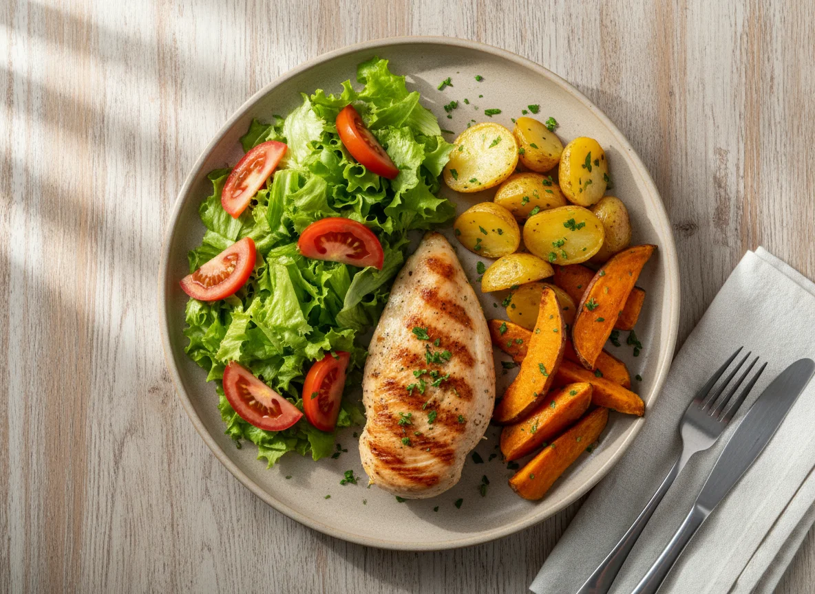 Frango com salada e batatas photo