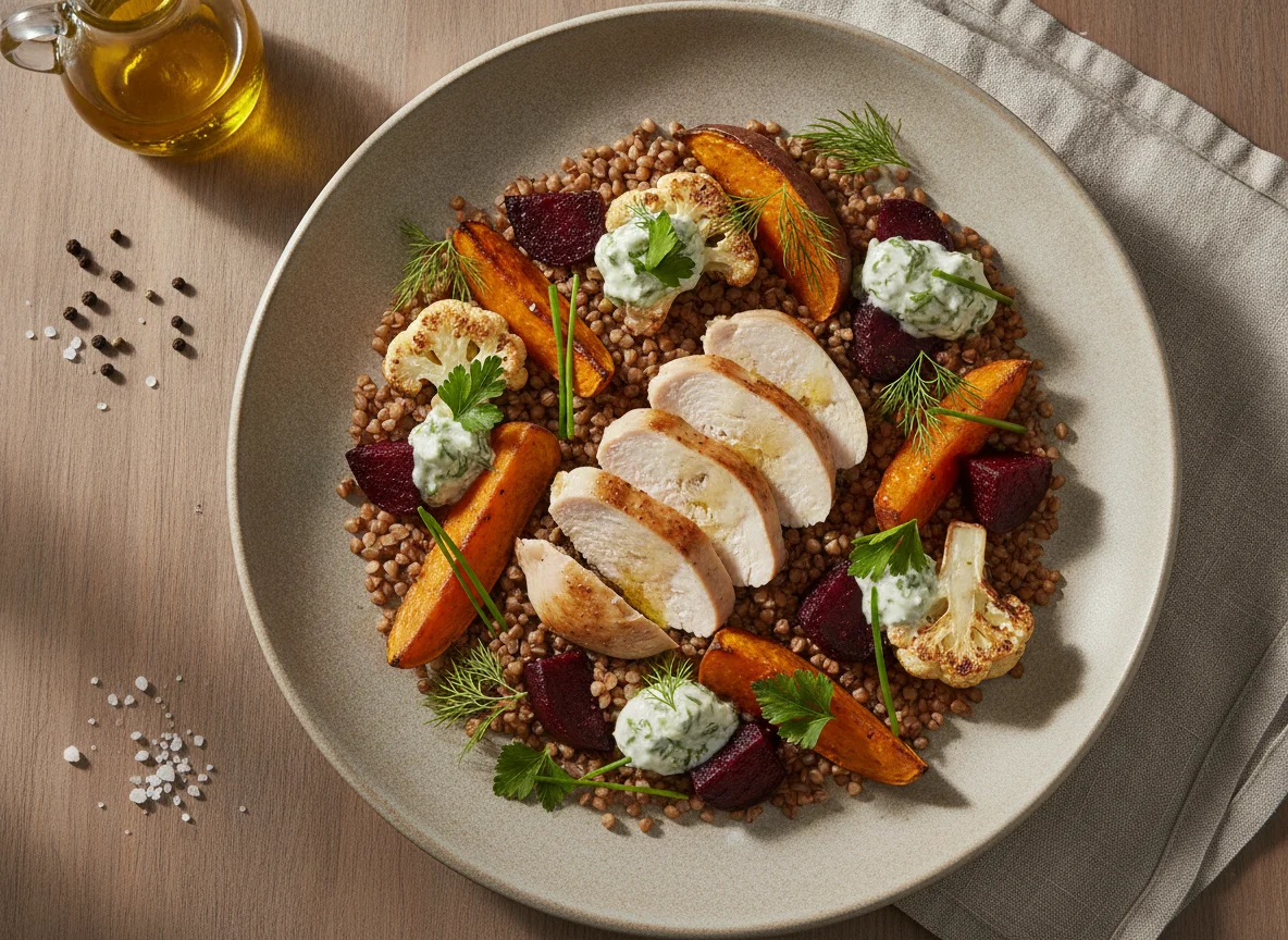 Frango com Trigo Sarraceno e Legumes Assados photo