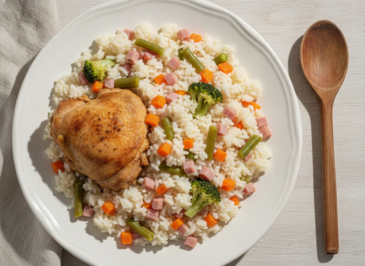 Frango cozido com arroz à grega photo