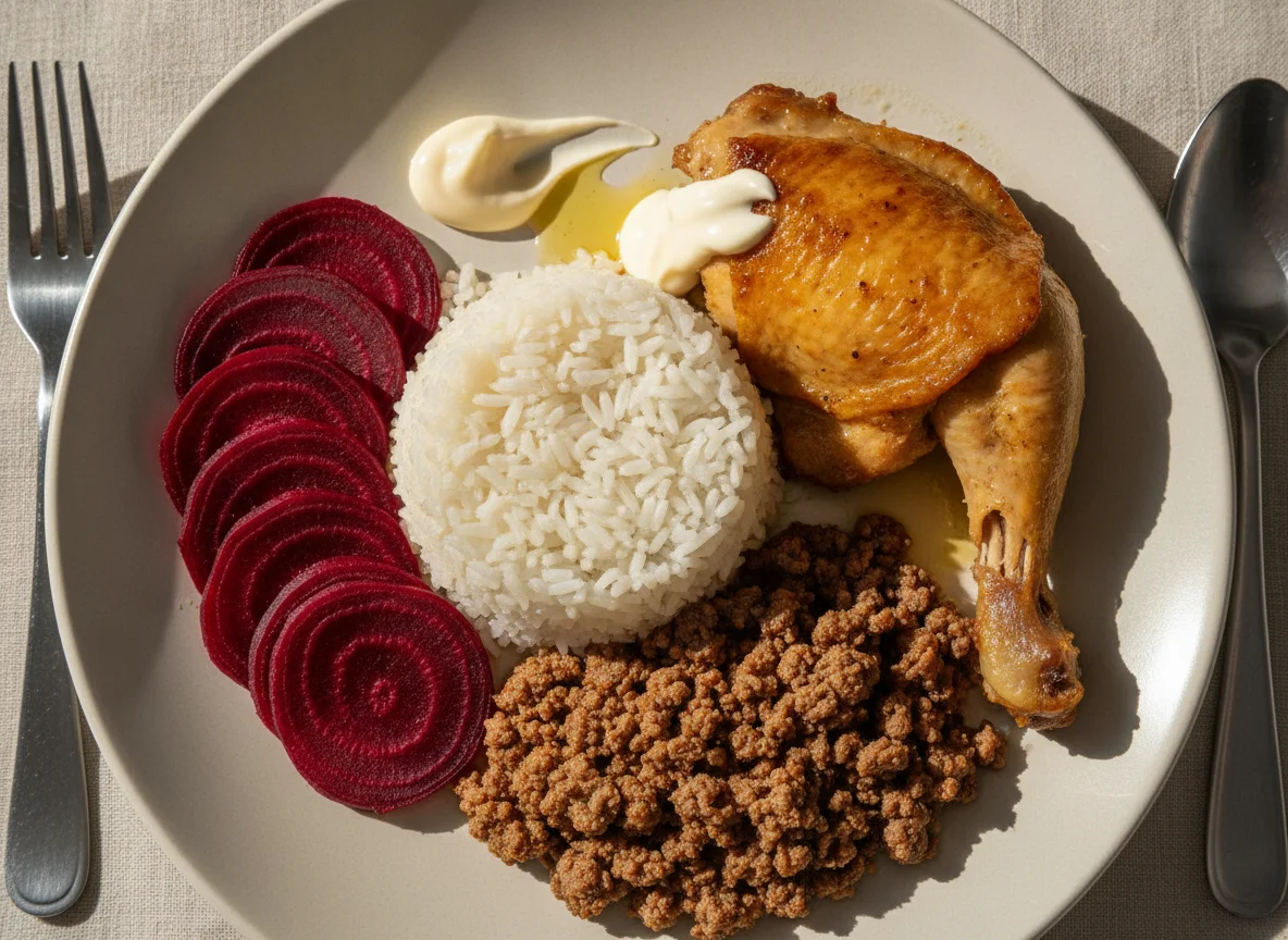 Frango cozido com arroz, carne moída e beterraba photo