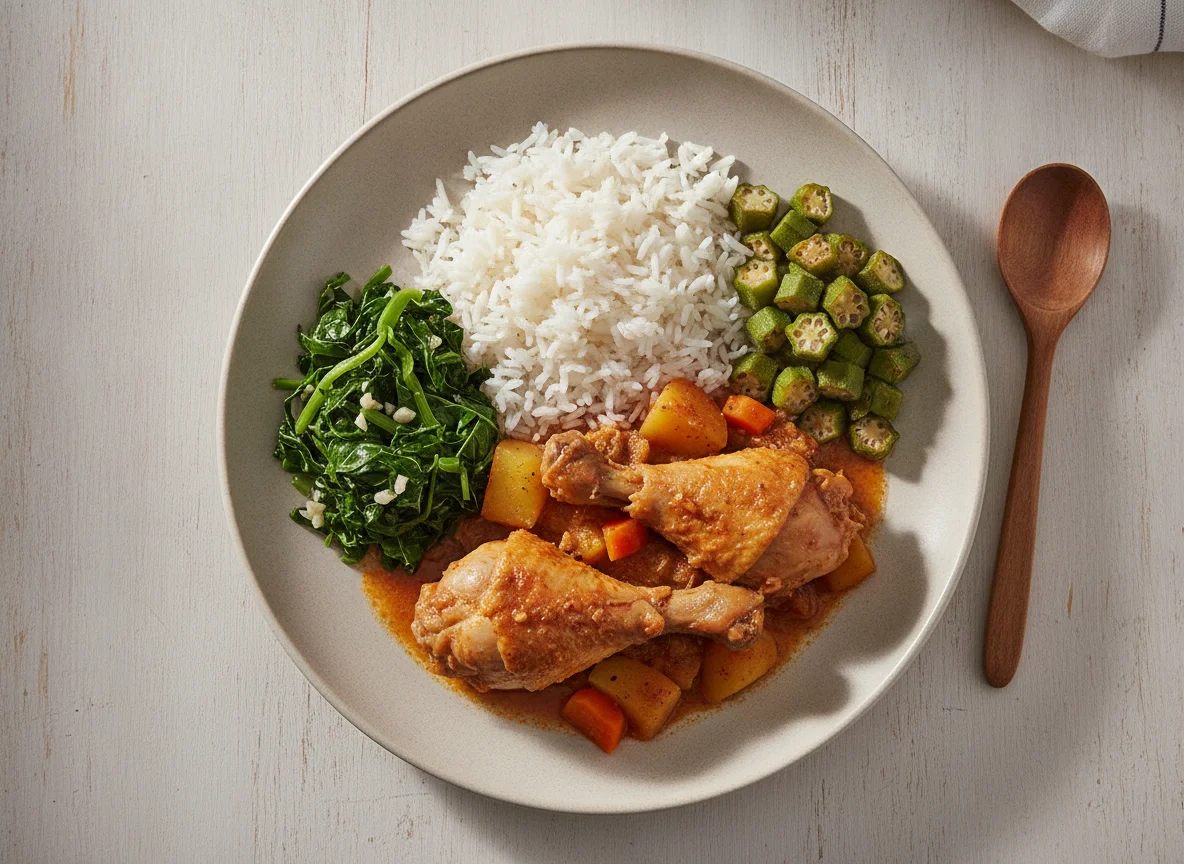 Frango cozido com arroz, couve e quiabo photo