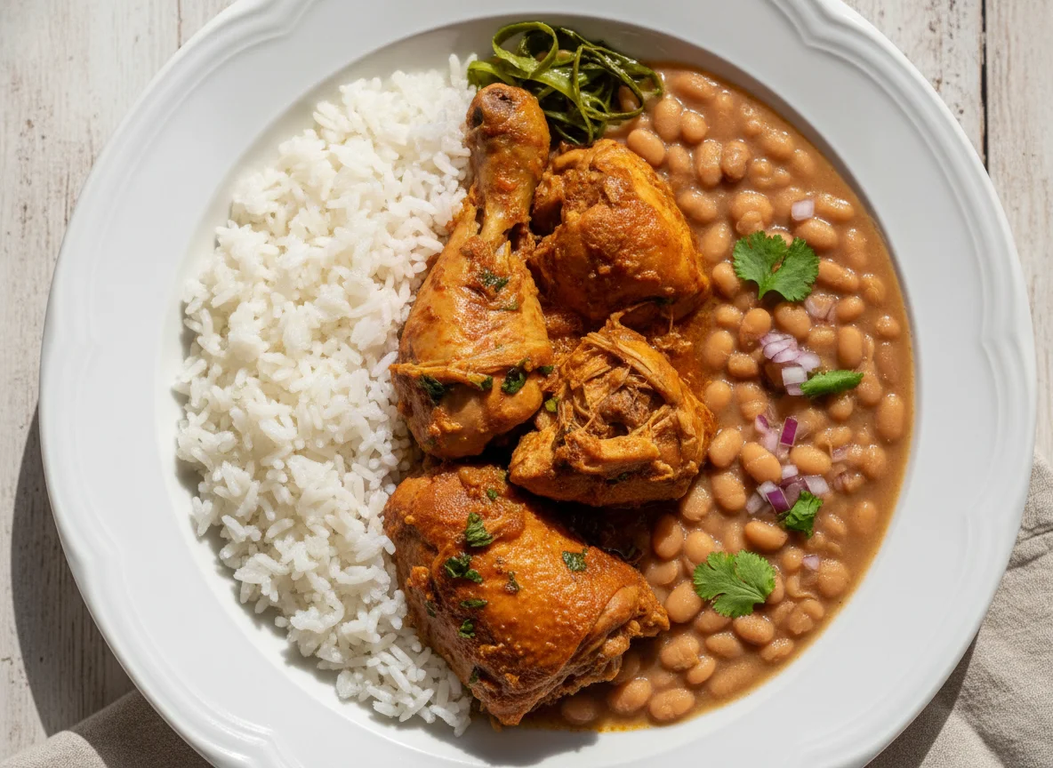 Frango cozido com arroz e feijão photo