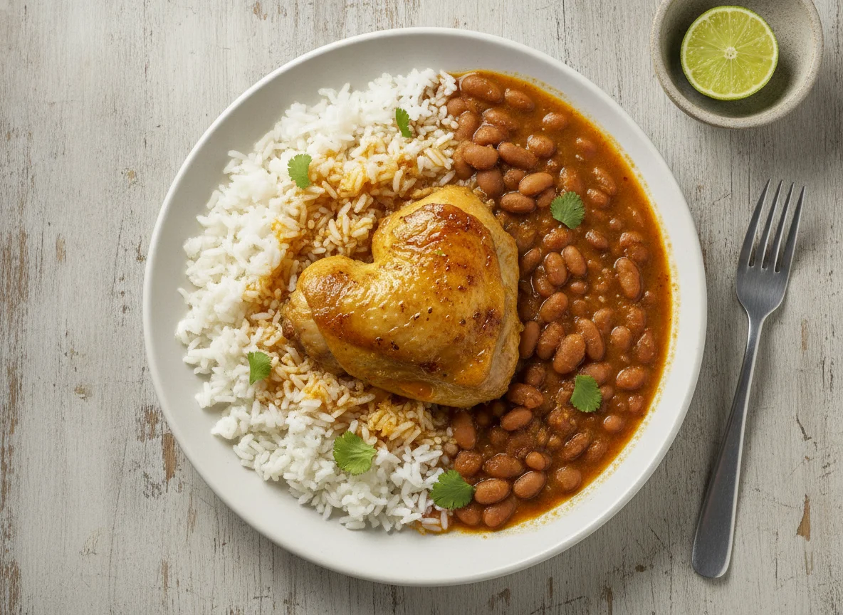 Frango cozido com arroz e feijão carioca photo
