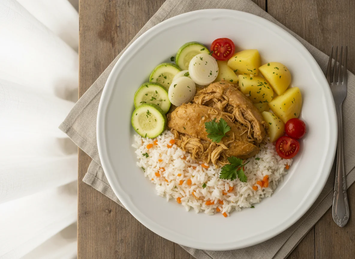 Frango cozido com arroz e legumes photo