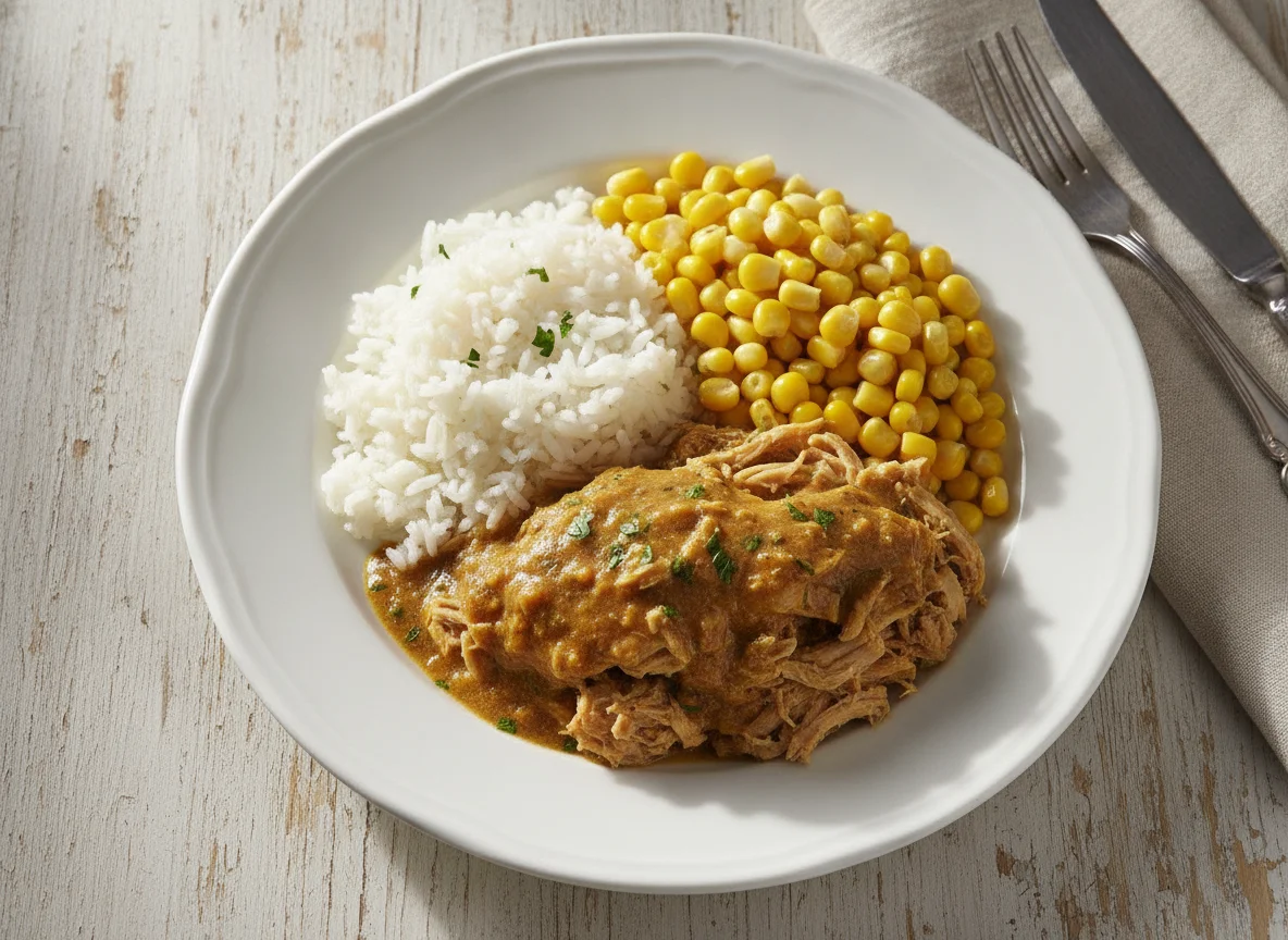 Frango cozido com arroz e milho photo