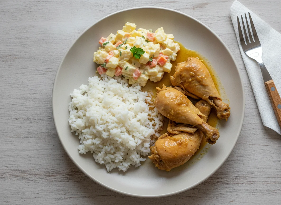 Frango cozido com arroz e salada de maionese photo