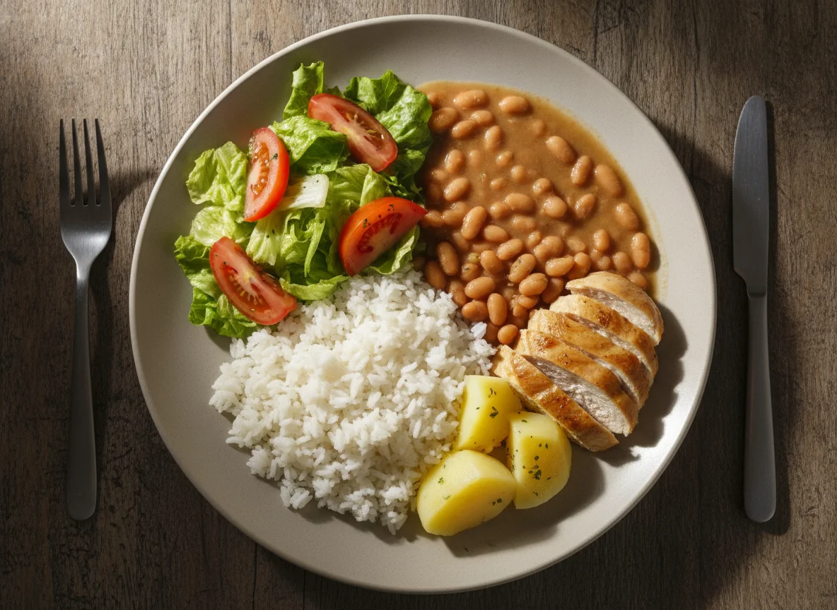 Frango cozido com arroz, feijão, batata e salada photo