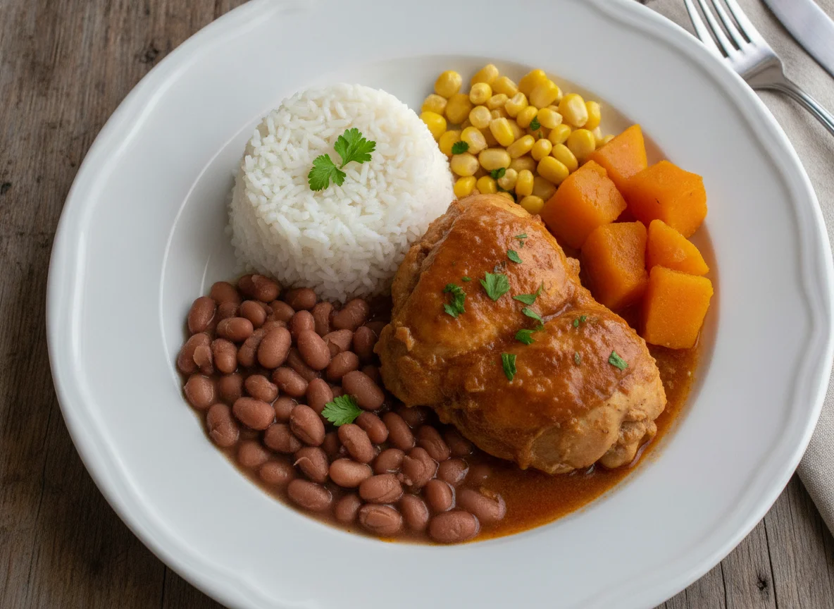 Frango cozido com arroz, feijão, milho e abóbora photo