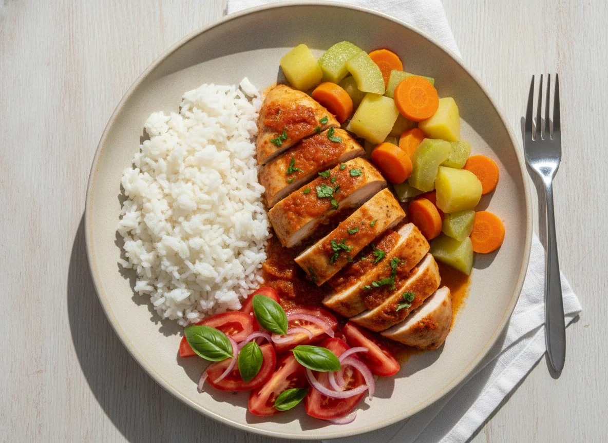 Frango cozido com arroz, legumes e salada de tomate photo