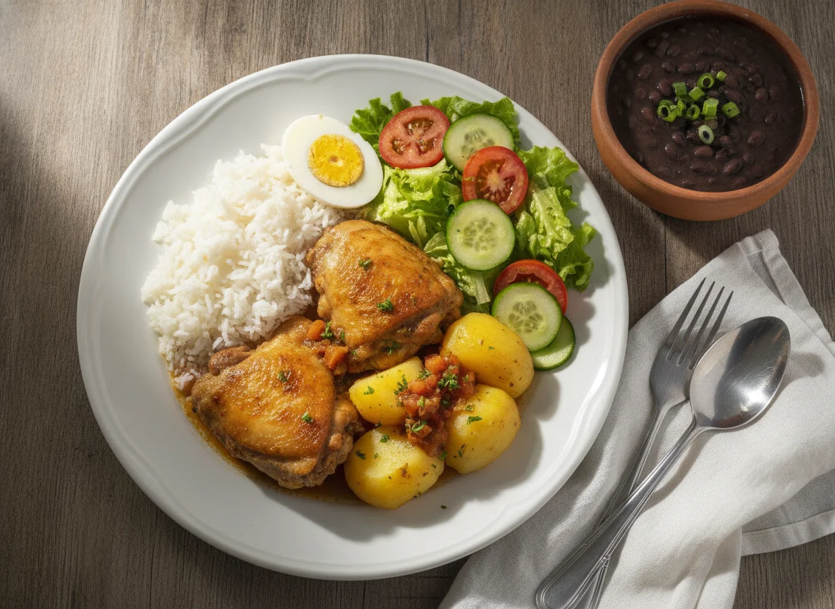 Frango cozido com batatas, arroz e salada photo