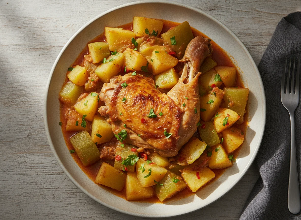 Frango cozido com chuchu e batata photo