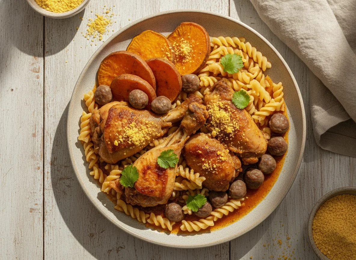Frango cozido com moela, batata doce, macarrão sem glúten e farinha amarela photo