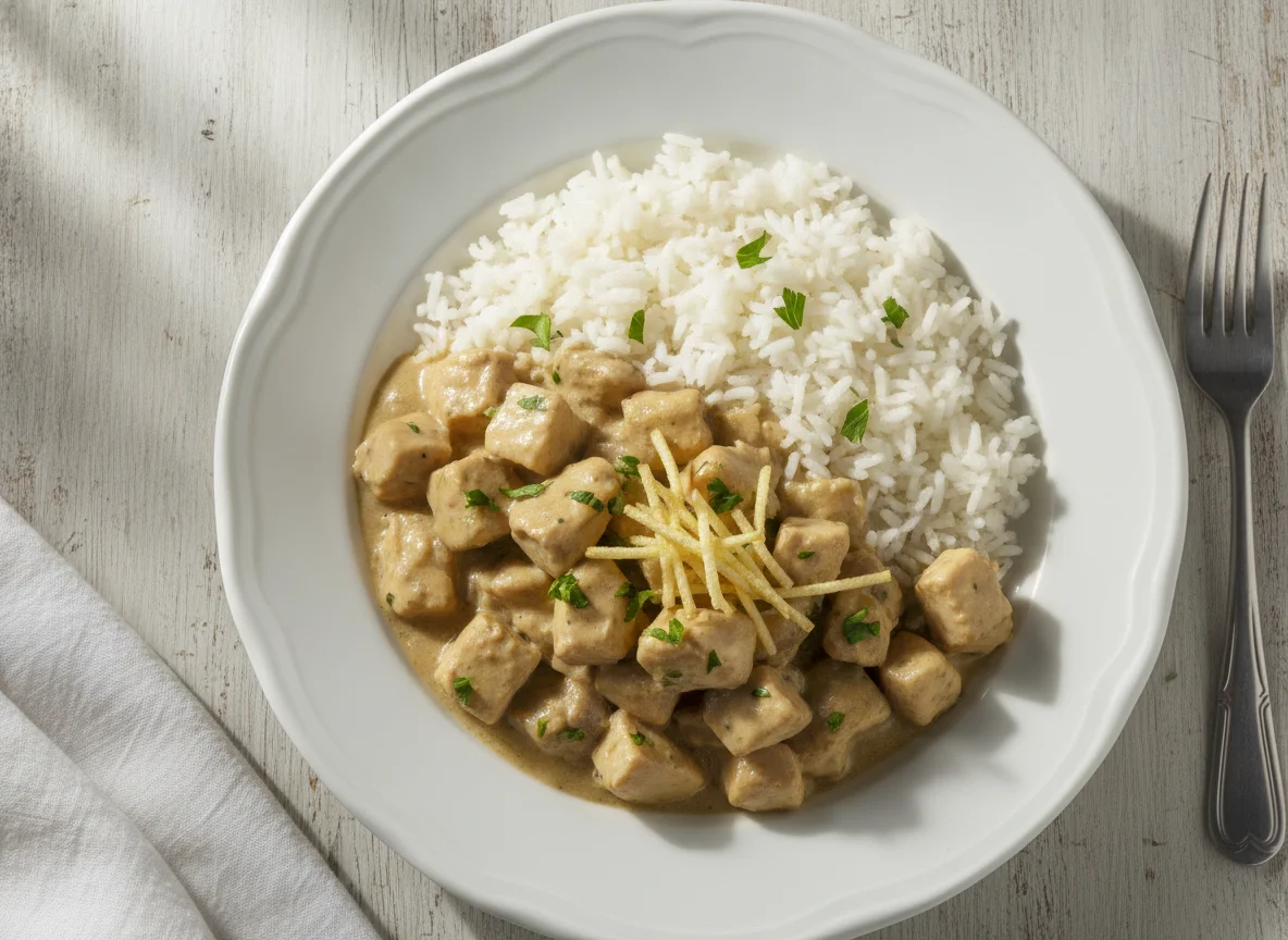 Frango cremoso com arroz branco photo