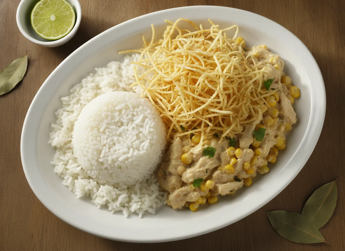 Frango cremoso com arroz e batata palha photo