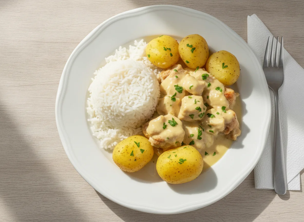 Frango cremoso com arroz e batatas photo