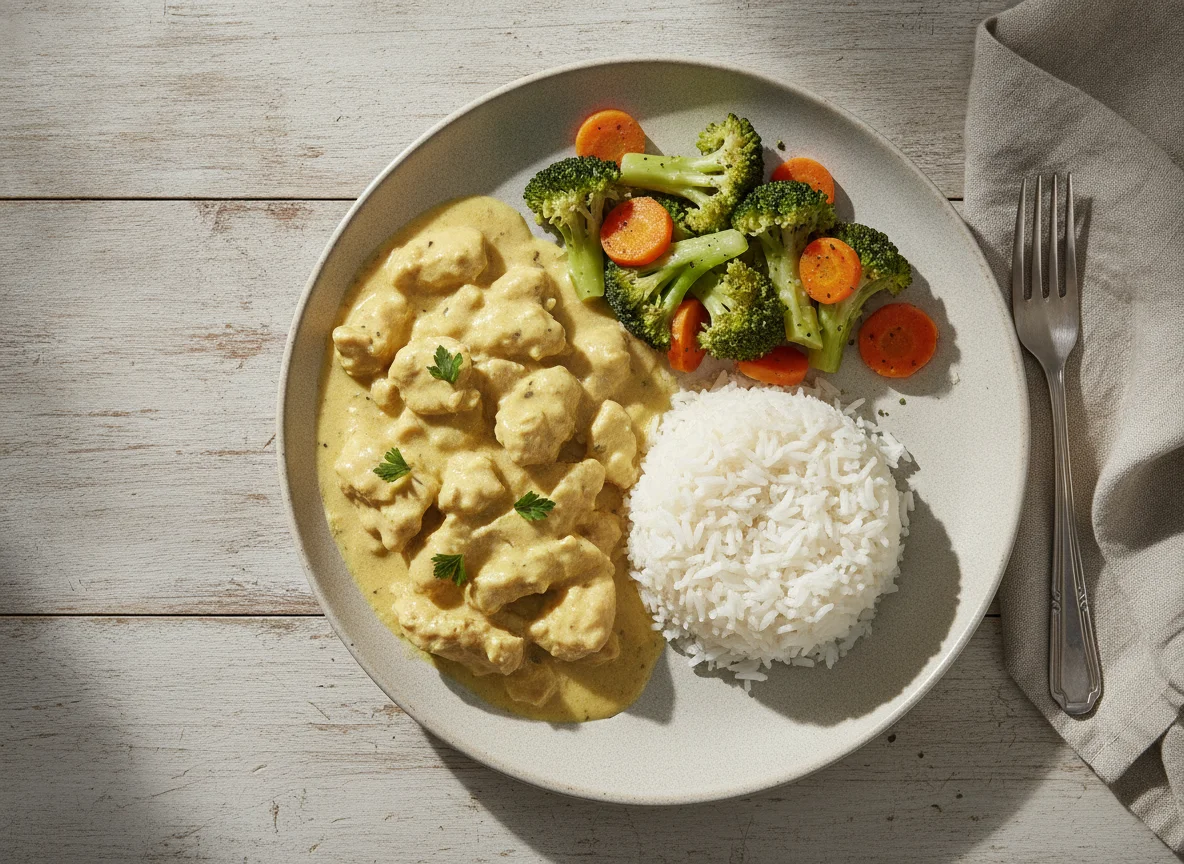 Frango cremoso com arroz e brócolis photo