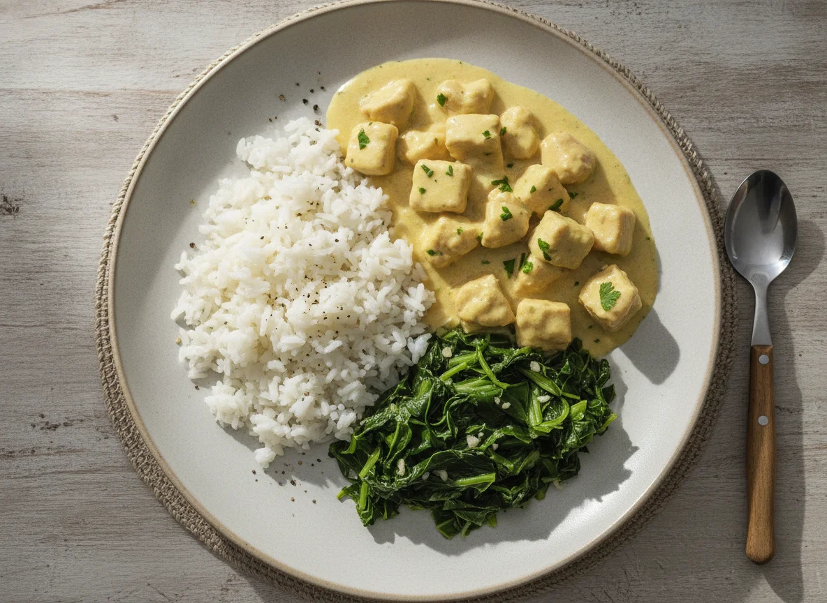 Frango cremoso com arroz e couve refogada photo