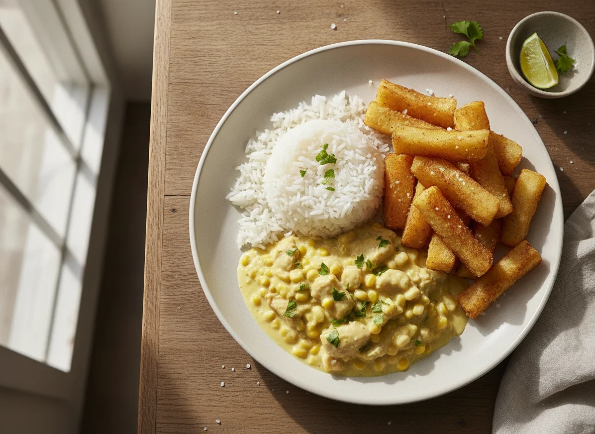 Frango cremoso com arroz e mandioca frita photo