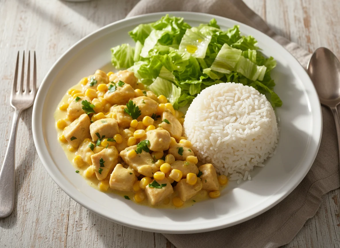Frango cremoso com arroz e salada photo