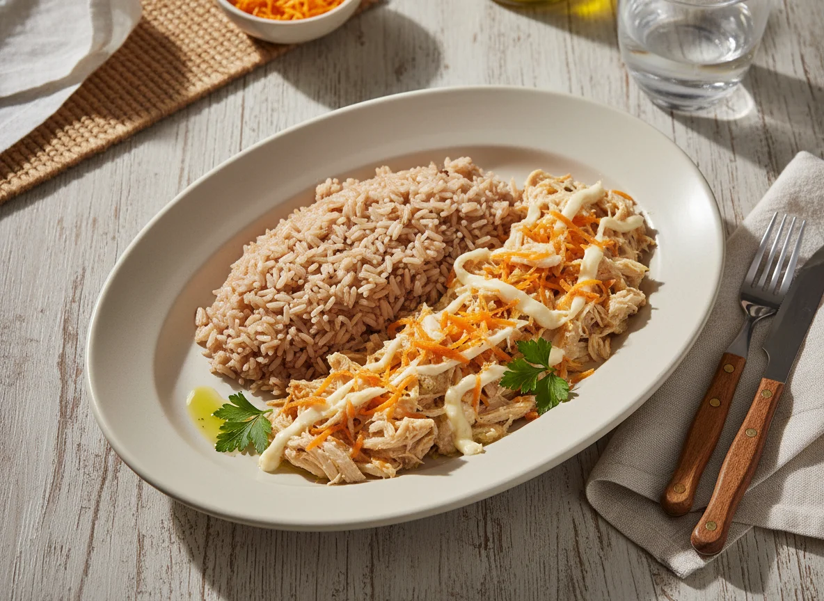 Frango cremoso com arroz integral e cenoura photo
