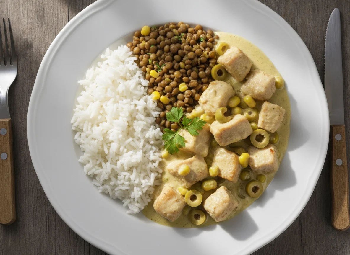 Frango cremoso com arroz, lentilha e milho photo