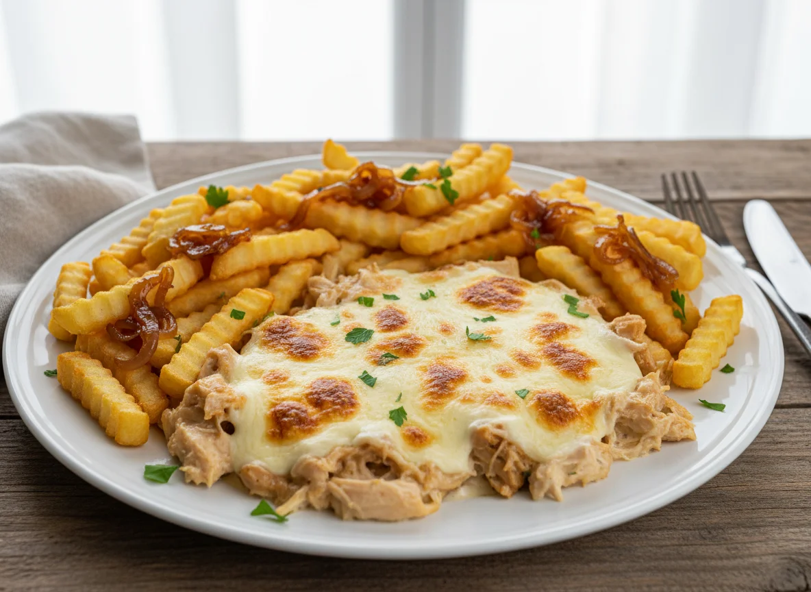 Frango cremoso com batata frita e cebola caramelizada photo