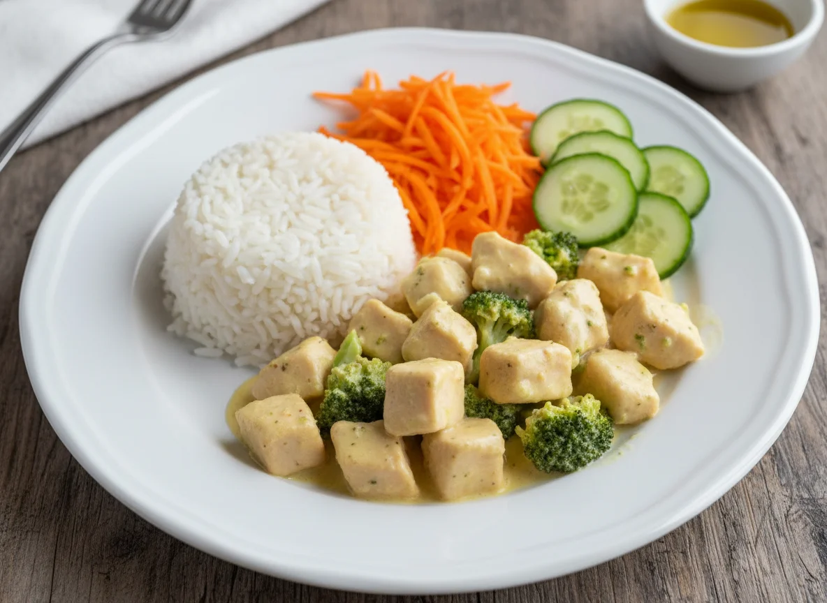 Frango cremoso com brócolis, arroz e salada photo