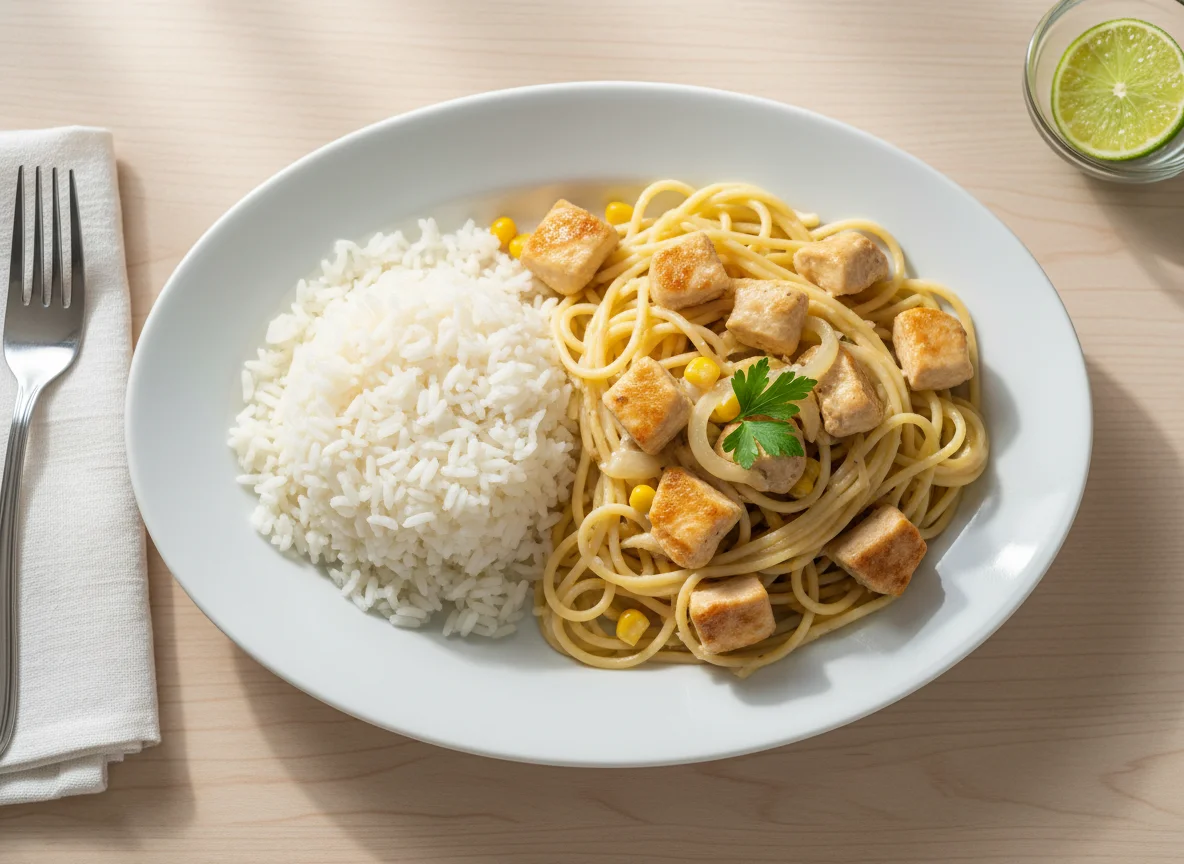 Frango cremoso com macarrão e arroz photo