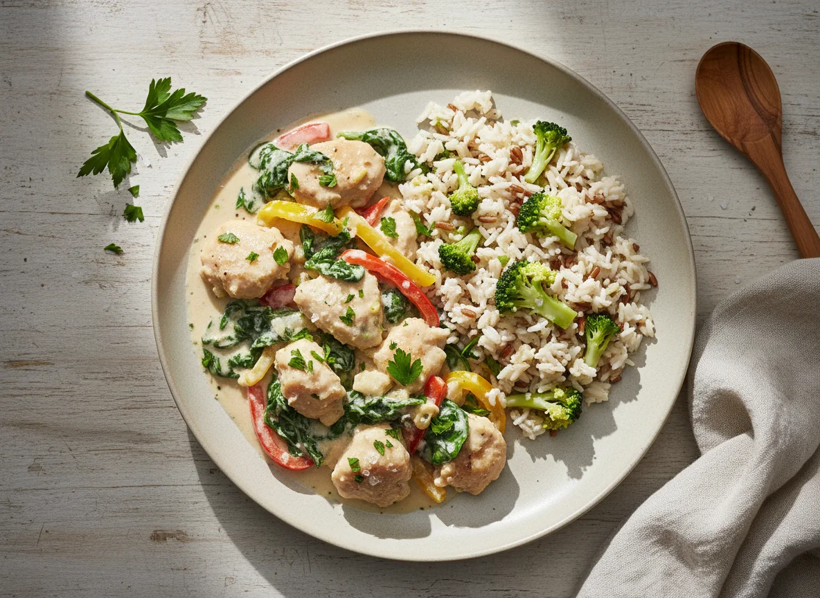 Frango cremoso com ricota e espinafre, arroz (branco/integral) com brócolis photo