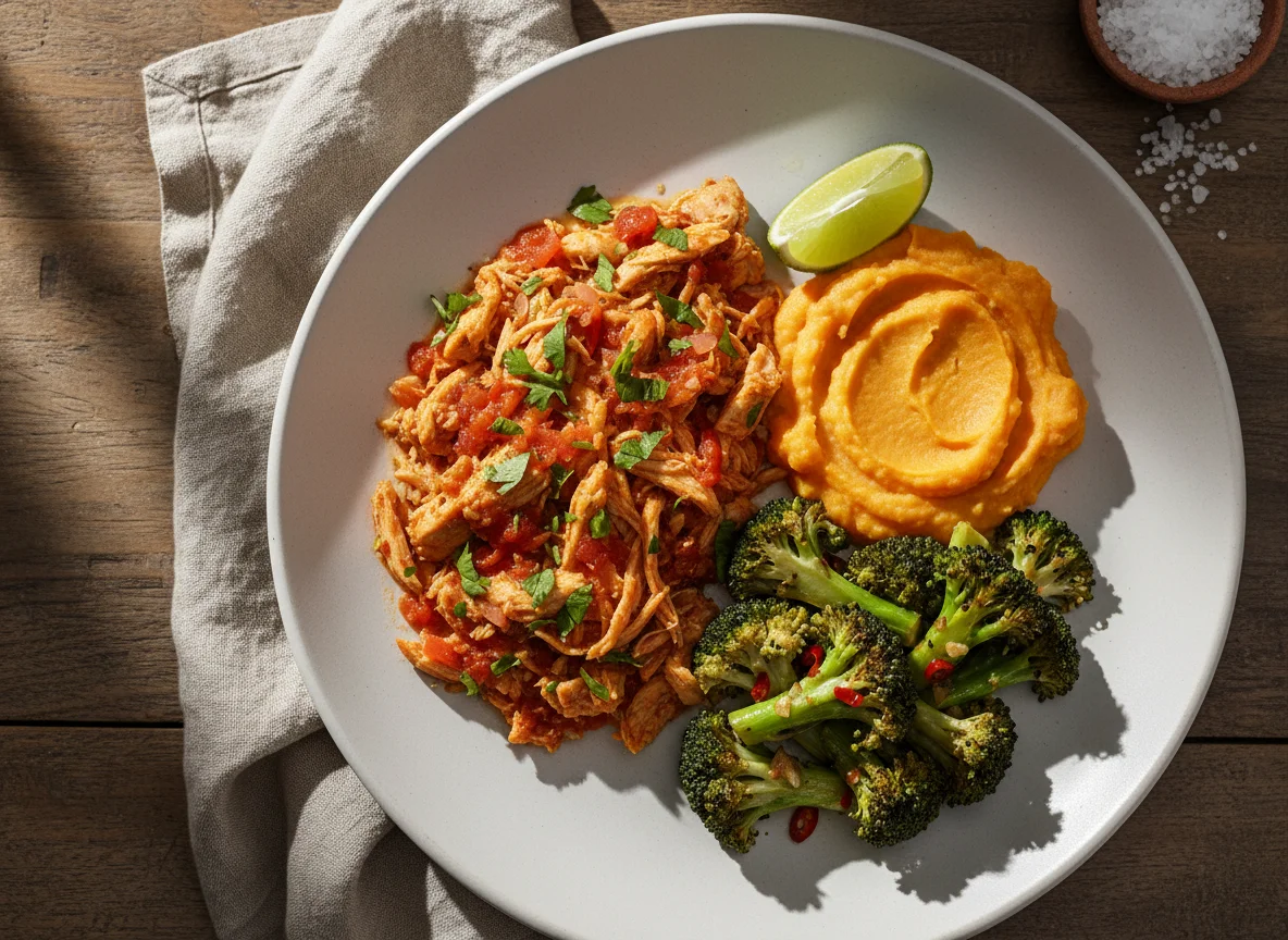 Frango desfiado ao molho fresco, purê de batata-doce, brócolis refogado photo