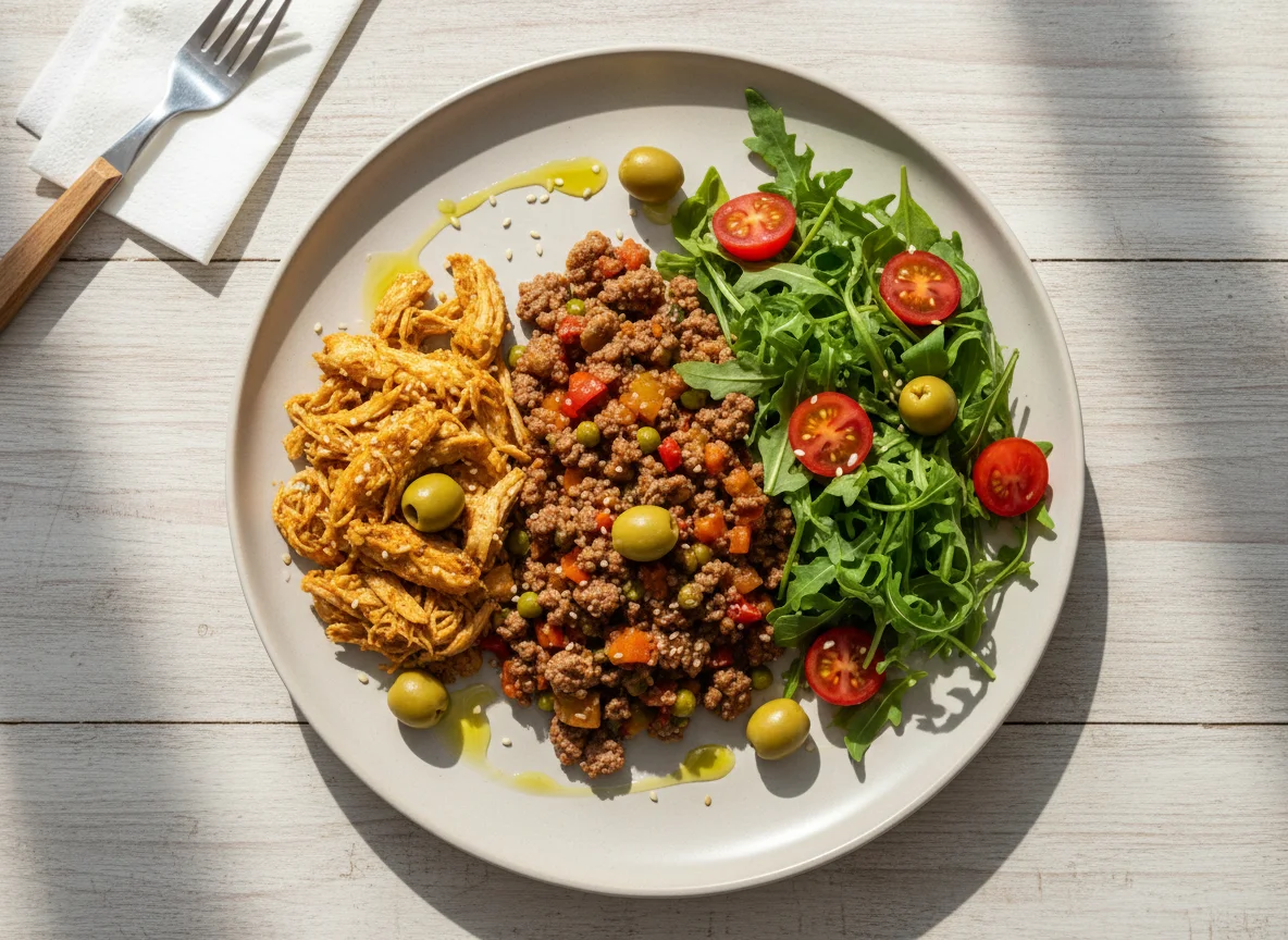 Frango desfiado, carne moída com legumes e salada de rúcula e tomate photo