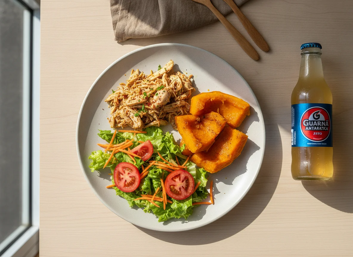 Frango desfiado com abóbora e salada mista photo