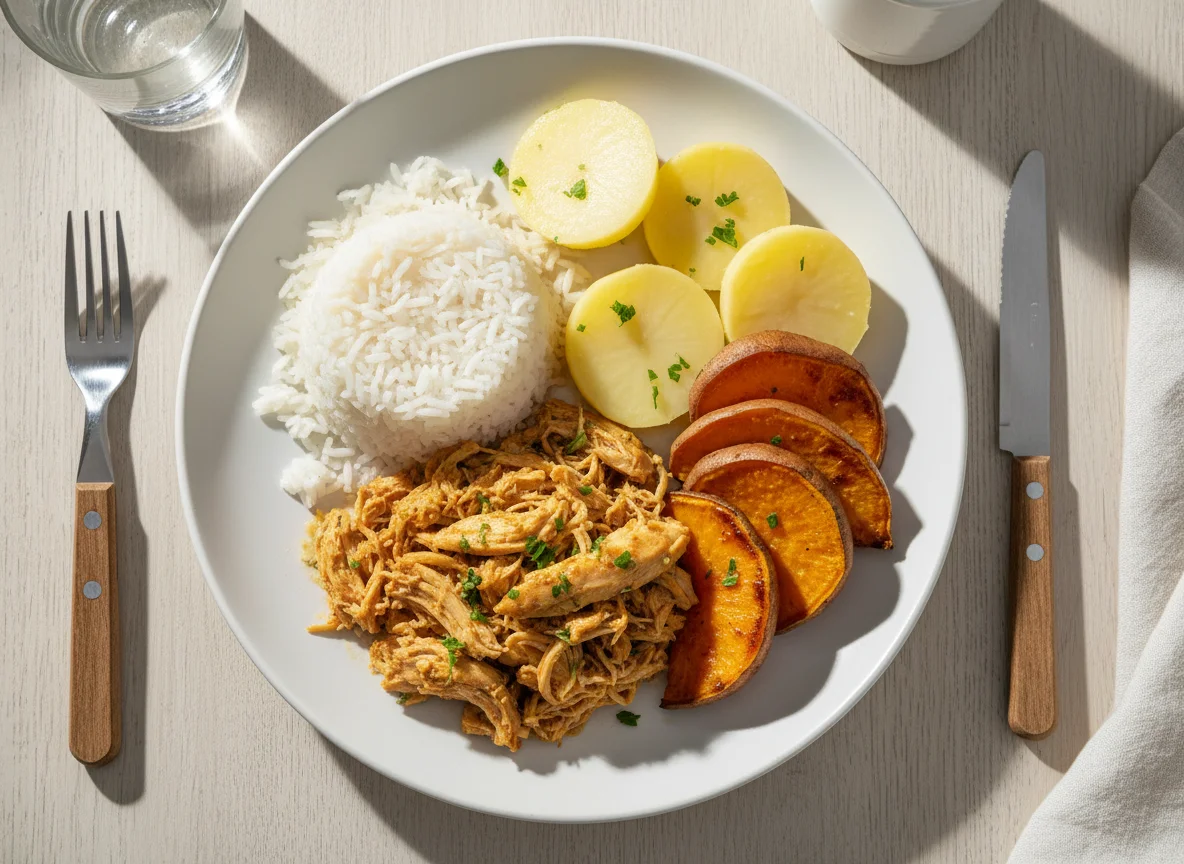 Frango desfiado com arroz, batata e batata doce photo