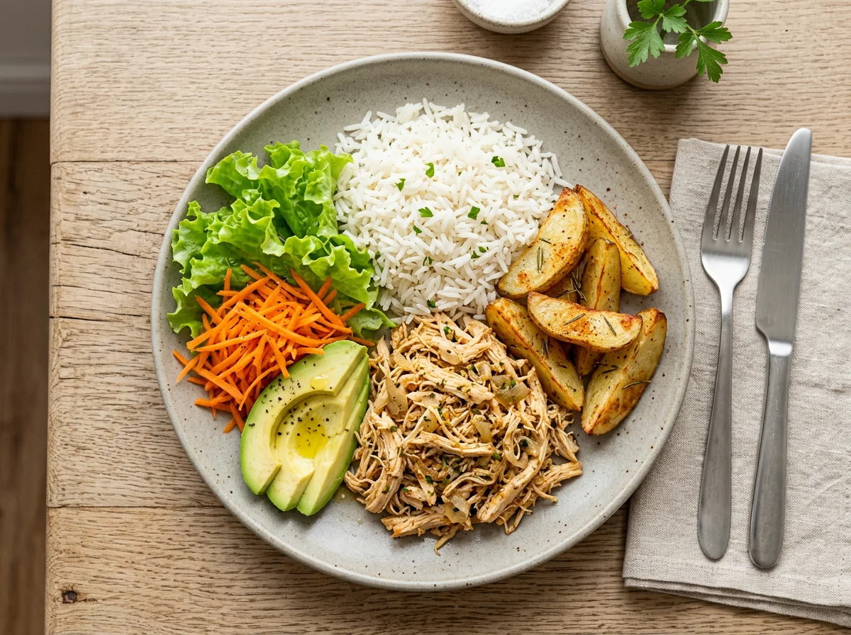 Frango desfiado com arroz, batata rústica e salada photo