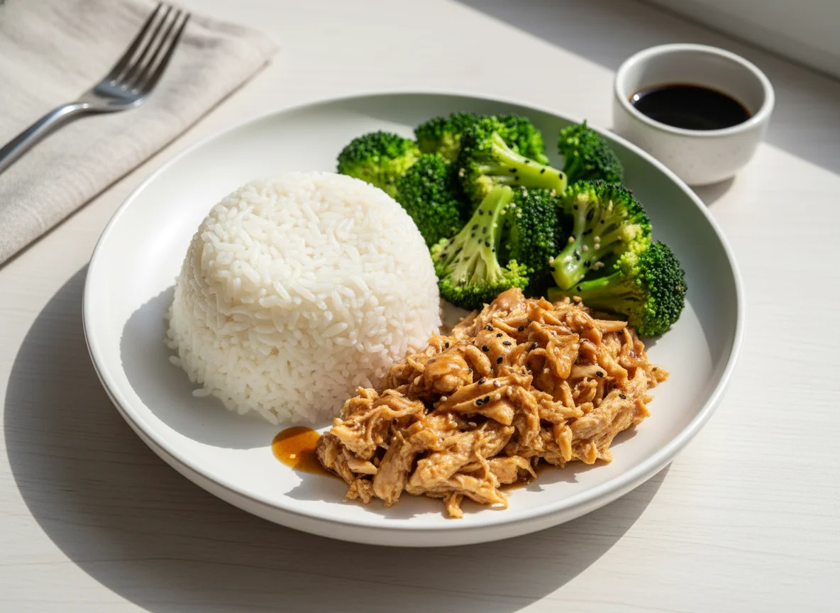 Frango desfiado com arroz, brócolis e molho photo